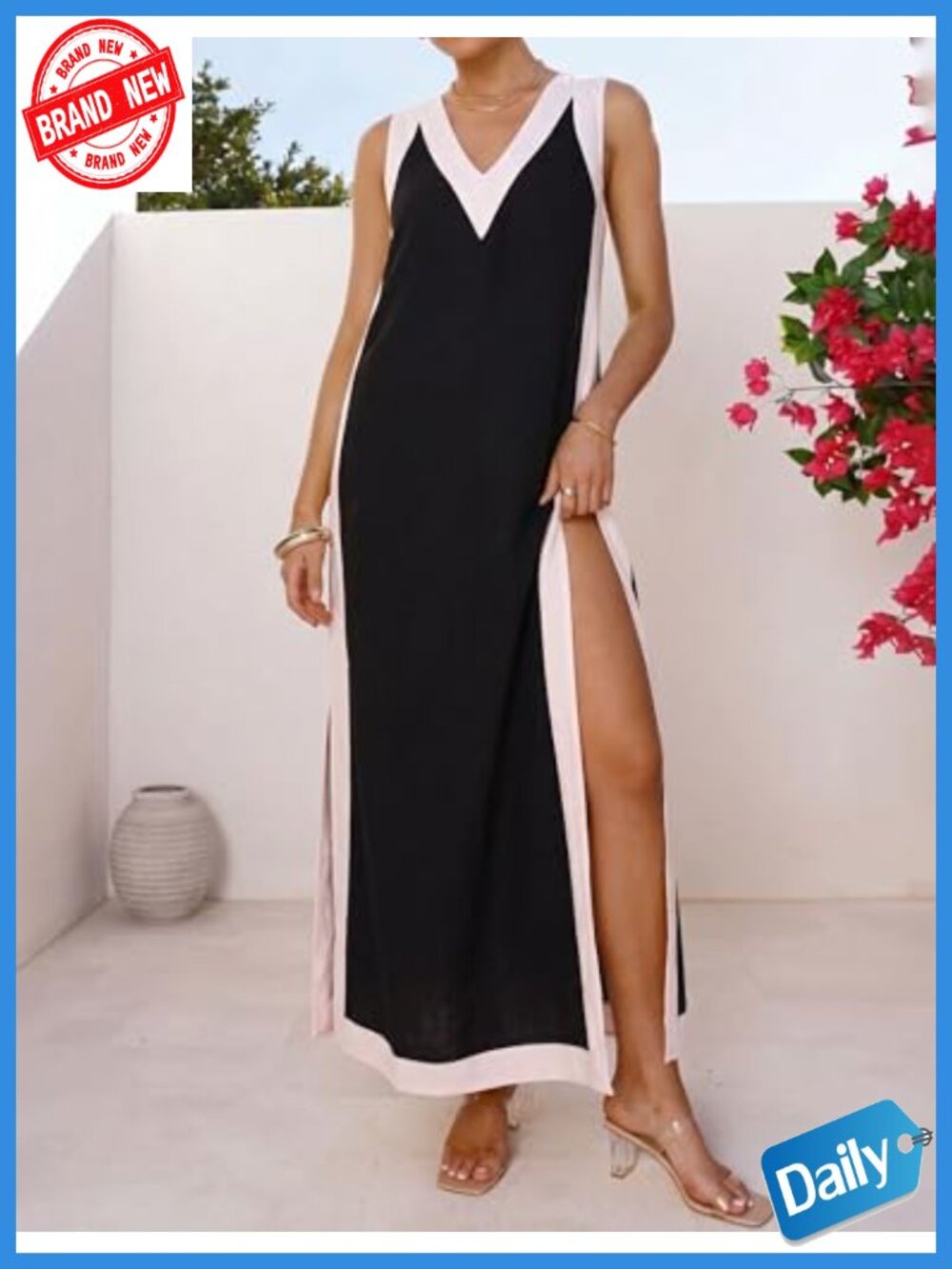 Women's Sleeveless V-Neck Maxi Dress with Matching Shorts 2-Piece Set - Picture 3 of 6